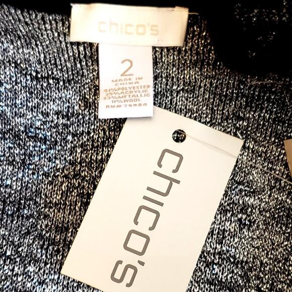 Chicos Black Silver Metallic Brocade Wool Blend Open Front Midi Cardigan SZ 2(L) - Picture 8 of 9